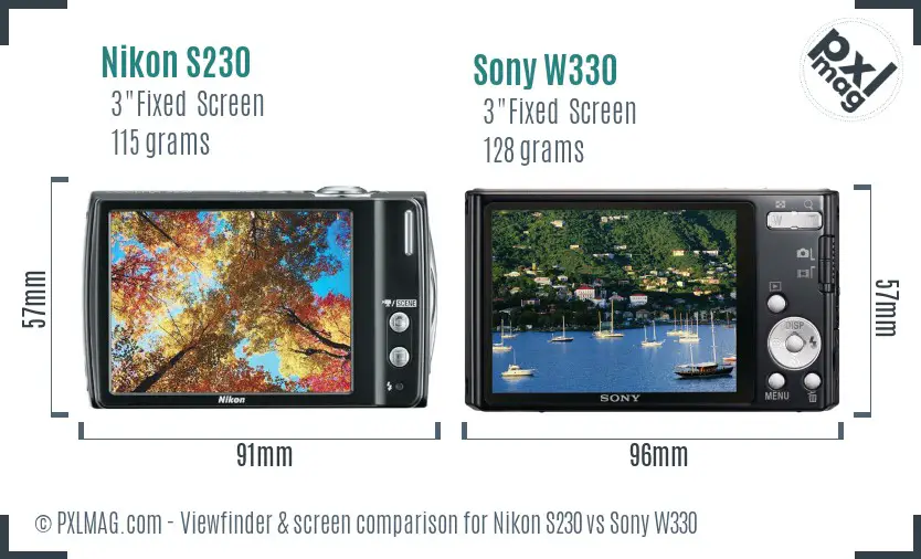 Nikon S230 vs Sony W330 Screen and Viewfinder comparison