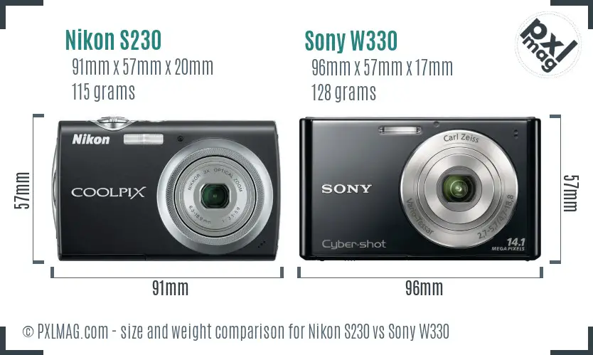Nikon S230 vs Sony W330 size comparison