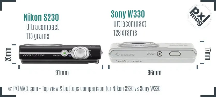 Nikon S230 vs Sony W330 top view buttons comparison