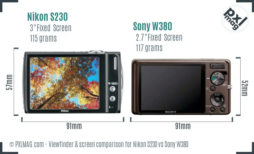 Nikon S230 vs Sony W380 Screen and Viewfinder comparison