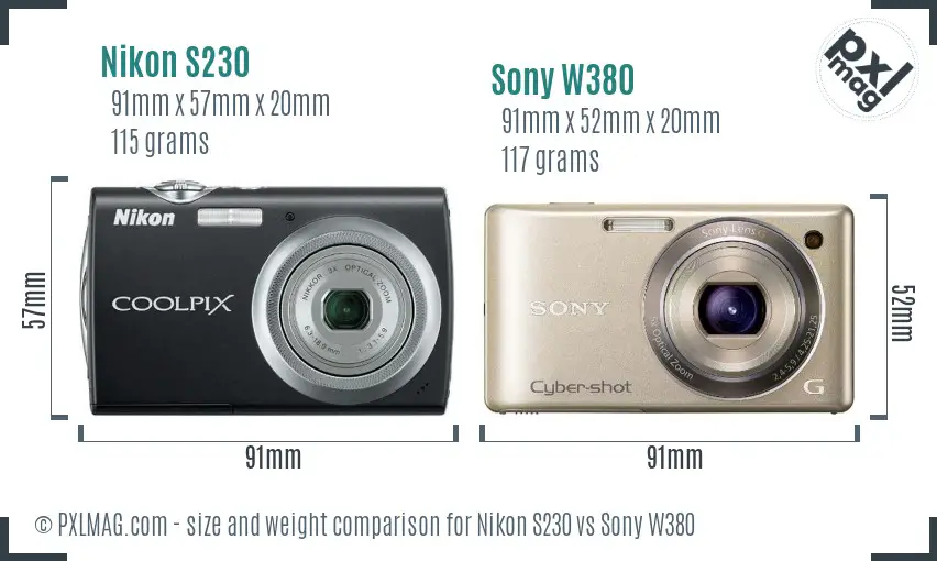 Nikon S230 vs Sony W380 size comparison