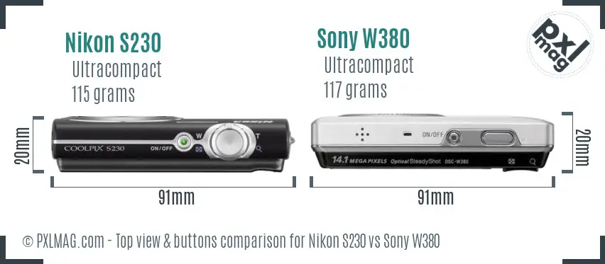 Nikon S230 vs Sony W380 top view buttons comparison