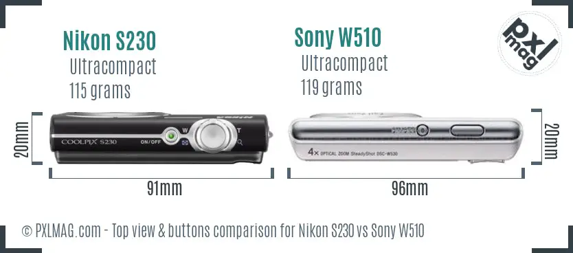 Nikon S230 vs Sony W510 top view buttons comparison Nikon S230 vs Sony W510 top view buttons comparison