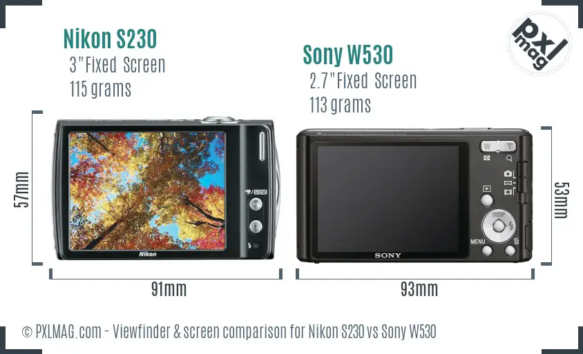 Nikon S230 vs Sony W530 Screen and Viewfinder comparison