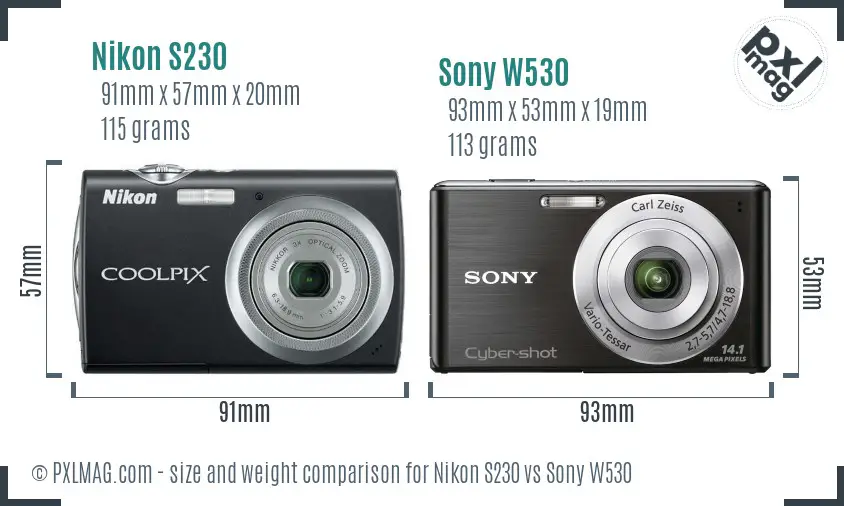 Nikon S230 vs Sony W530 size comparison