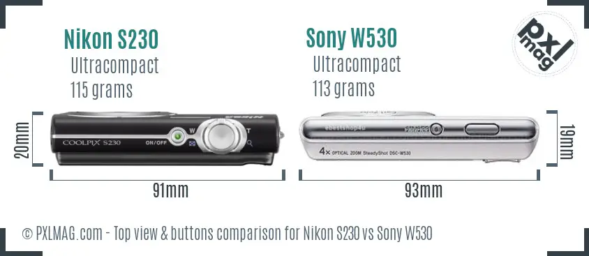 Nikon S230 vs Sony W530 top view buttons comparison