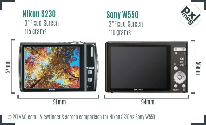Nikon S230 vs Sony W550 Screen and Viewfinder comparison