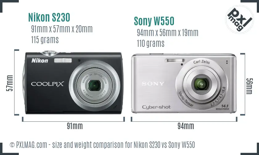Nikon S230 vs Sony W550 size comparison