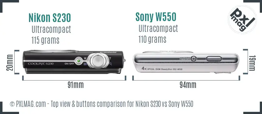 Nikon S230 vs Sony W550 top view buttons comparison