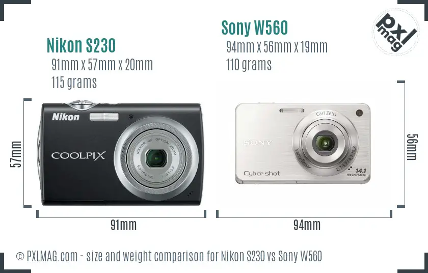 Nikon S230 vs Sony W560 size comparison