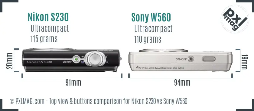 Nikon S230 vs Sony W560 top view buttons comparison