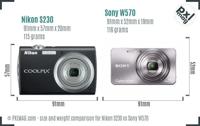 Nikon S230 vs Sony W570 size comparison