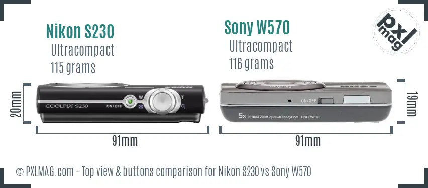 Nikon S230 vs Sony W570 top view buttons comparison