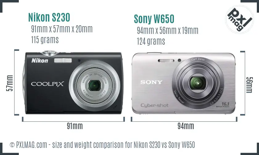 Nikon S230 vs Sony W650 size comparison
