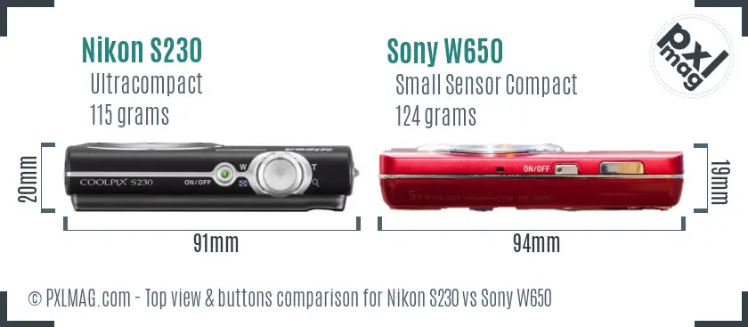 Nikon S230 vs Sony W650 top view buttons comparison