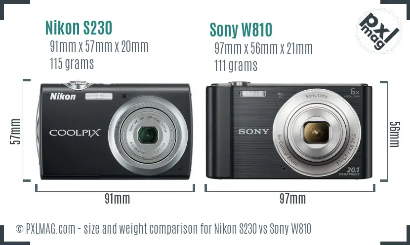 Nikon S230 vs Sony W810 size comparison