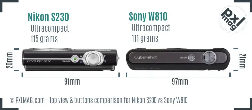 Nikon S230 vs Sony W810 top view buttons comparison