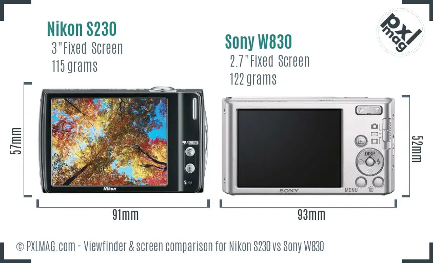 Nikon S230 vs Sony W830 Screen and Viewfinder comparison