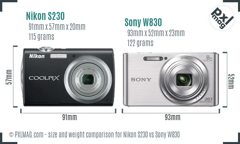Nikon S230 vs Sony W830 size comparison