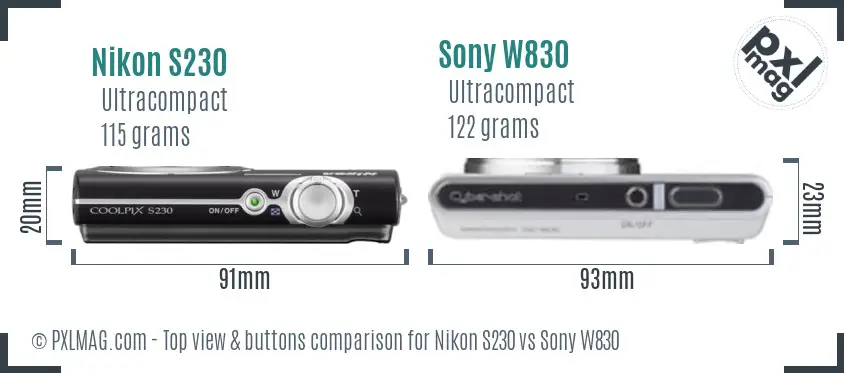 Nikon S230 vs Sony W830 top view buttons comparison