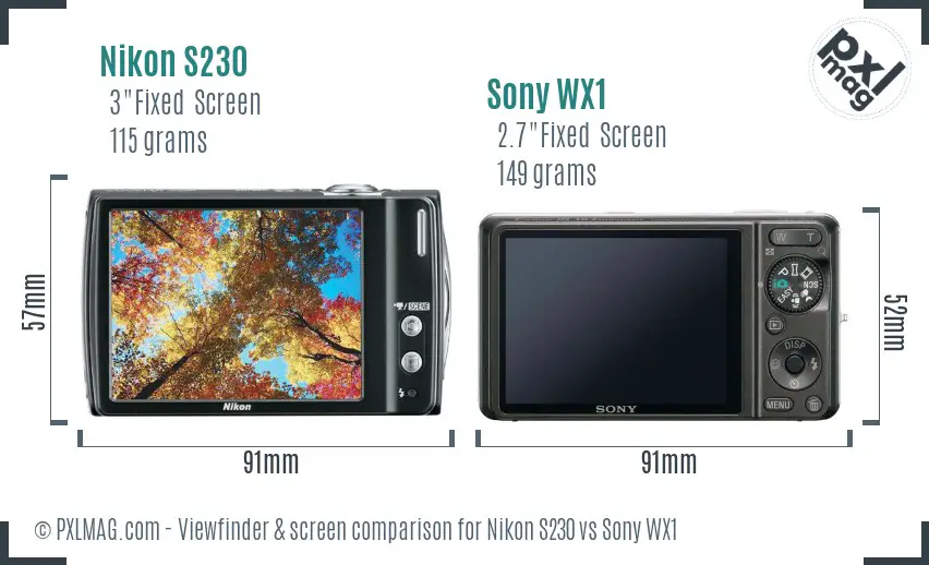 Nikon S230 vs Sony WX1 Screen and Viewfinder comparison