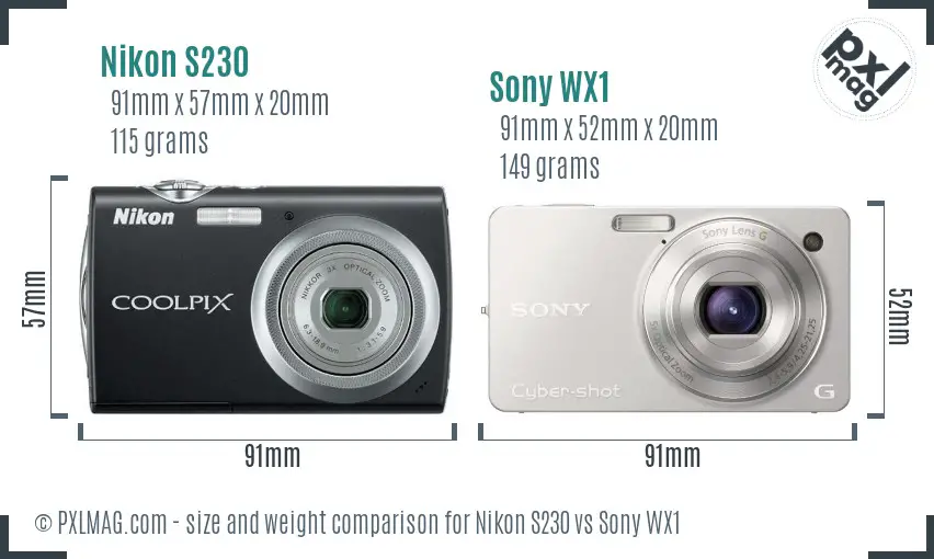 Nikon S230 vs Sony WX1 size comparison