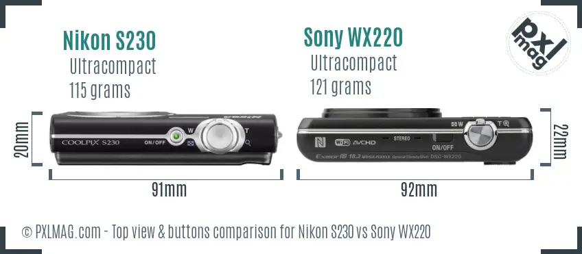Nikon S230 vs Sony WX220 top view buttons comparison