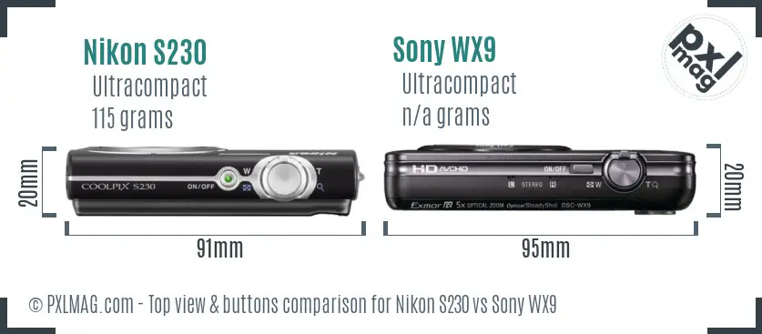 Nikon S230 vs Sony WX9 top view buttons comparison