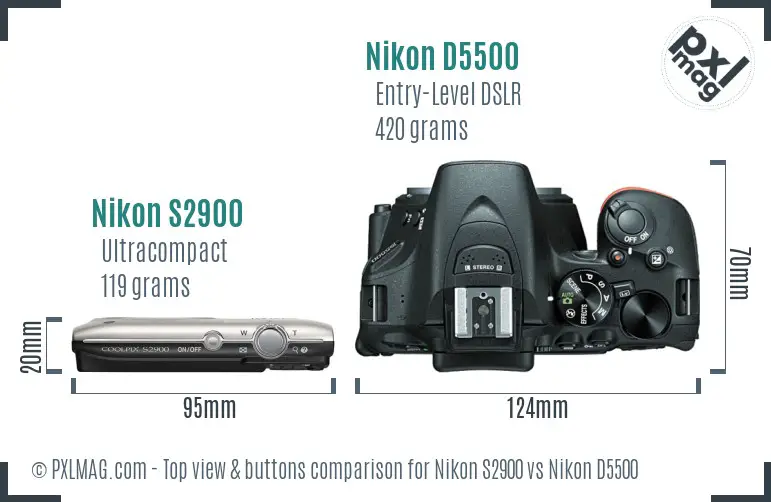 Nikon S2900 vs Nikon D5500 top view buttons comparison