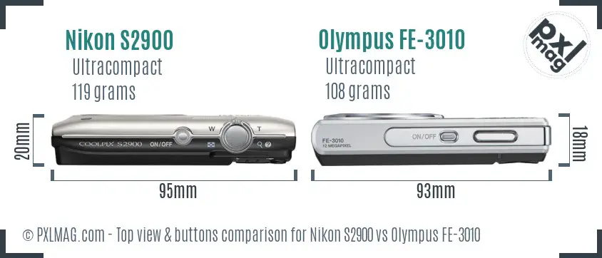 Nikon S2900 vs Olympus FE-3010 top view buttons comparison