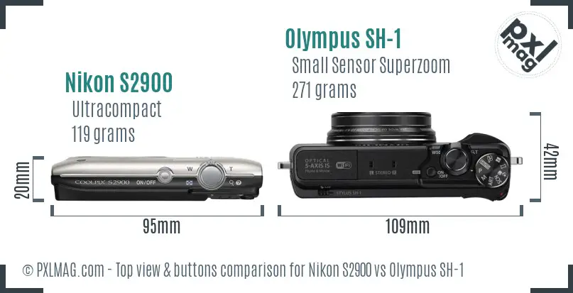 Nikon S2900 vs Olympus SH-1 top view buttons comparison
