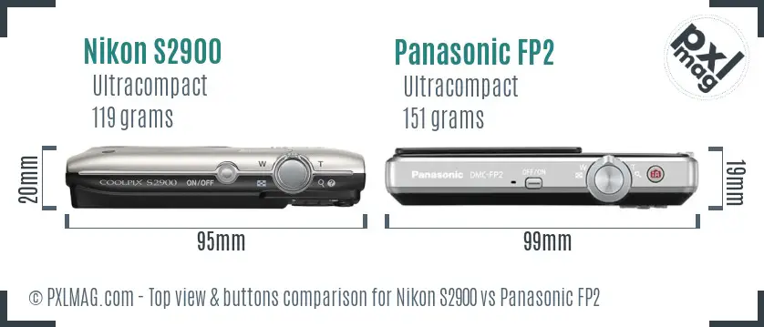 Nikon S2900 vs Panasonic FP2 top view buttons comparison