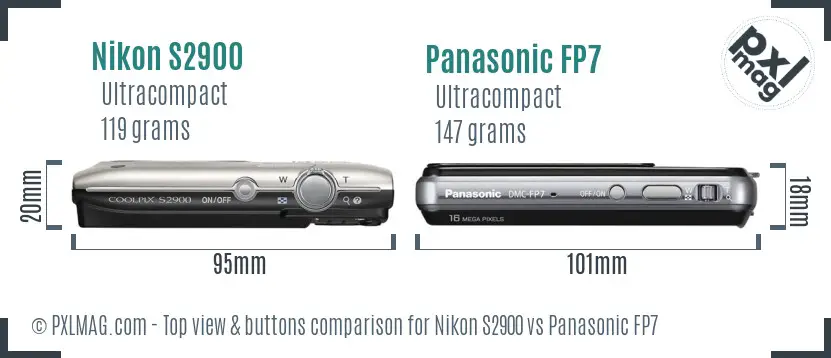 Nikon S2900 vs Panasonic FP7 top view buttons comparison