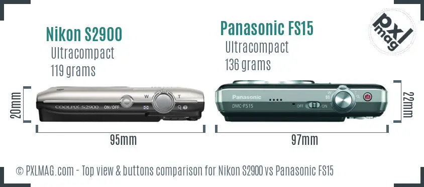 Nikon S2900 vs Panasonic FS15 top view buttons comparison
