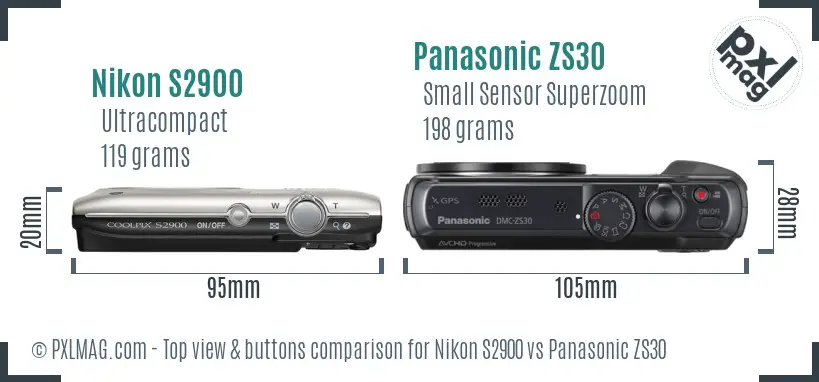 Nikon S2900 vs Panasonic ZS30 top view buttons comparison
