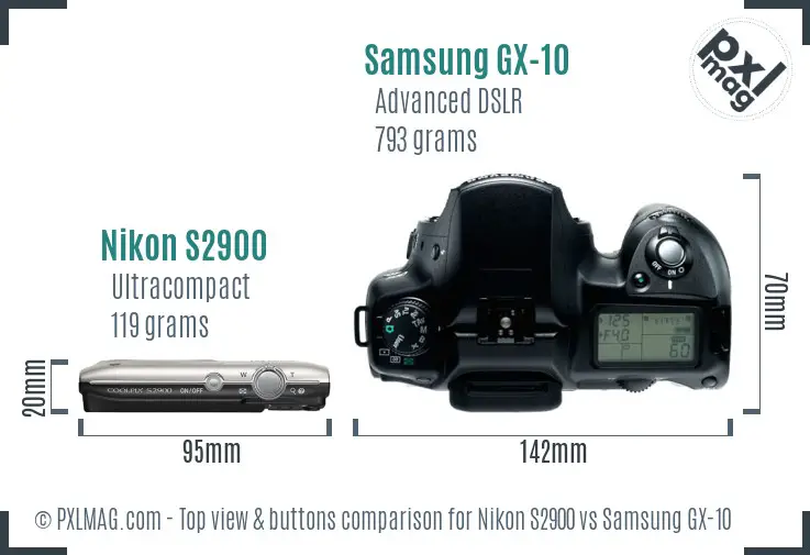 Nikon S2900 vs Samsung GX-10 top view buttons comparison