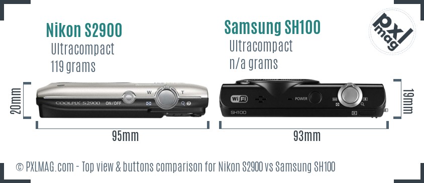 Nikon S2900 vs Samsung SH100 top view buttons comparison