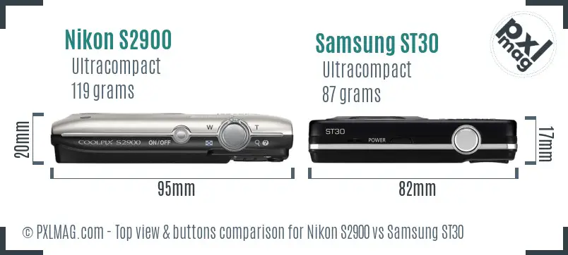 Nikon S2900 vs Samsung ST30 top view buttons comparison
