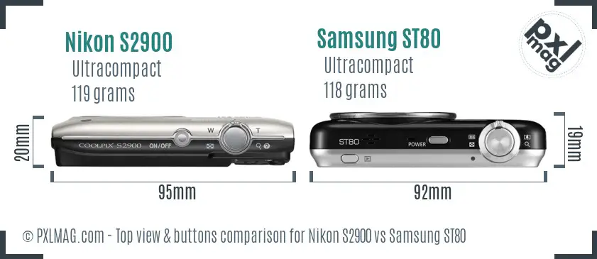 Nikon S2900 vs Samsung ST80 top view buttons comparison Nikon S2900 vs Samsung ST80 top view buttons comparison