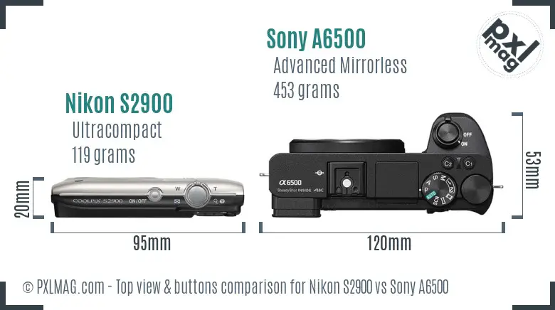 Nikon S2900 vs Sony A6500 top view buttons comparison