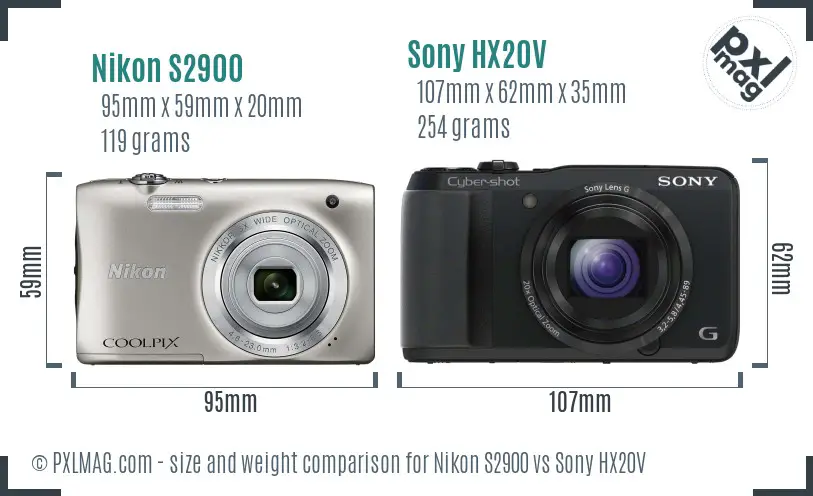Nikon S2900 vs Sony HX20V size comparison
