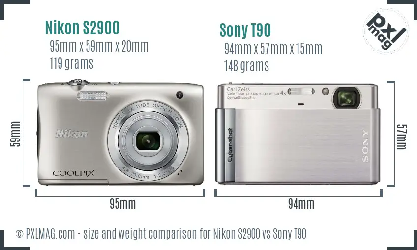 Nikon S2900 vs Sony T90 size comparison