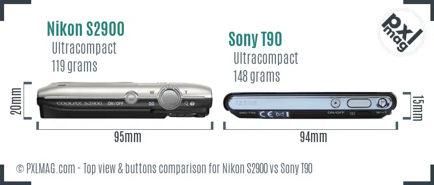 Nikon S2900 vs Sony T90 top view buttons comparison