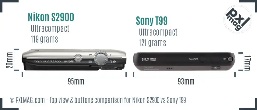 Nikon S2900 vs Sony T99 top view buttons comparison Nikon S2900 vs Sony T99 top view buttons comparison
