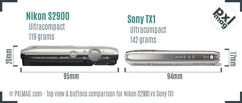 Nikon S2900 vs Sony TX1 top view buttons comparison