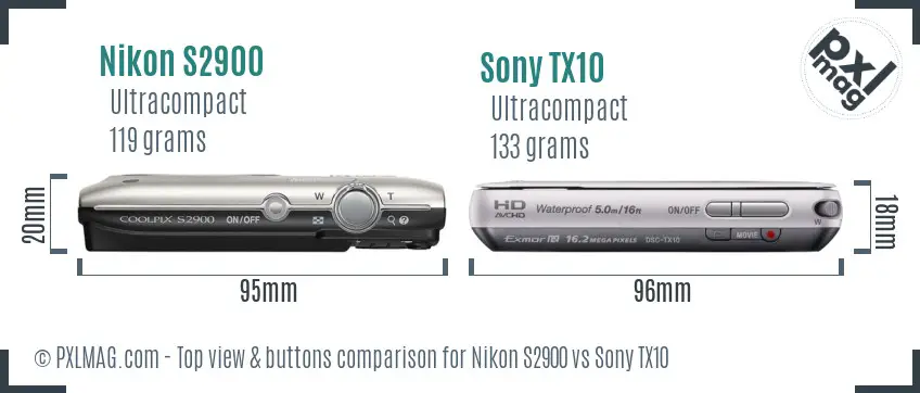 Nikon S2900 vs Sony TX10 top view buttons comparison