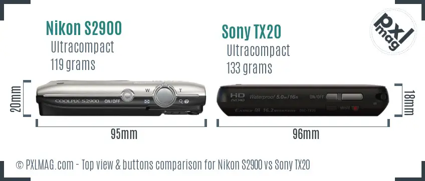 Nikon S2900 vs Sony TX20 top view buttons comparison