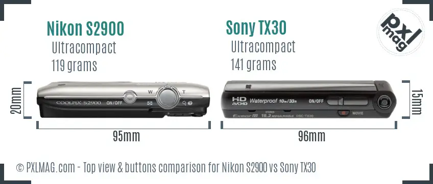 Nikon S2900 vs Sony TX30 top view buttons comparison