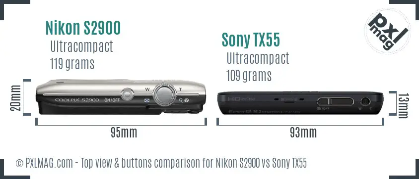 Nikon S2900 vs Sony TX55 top view buttons comparison