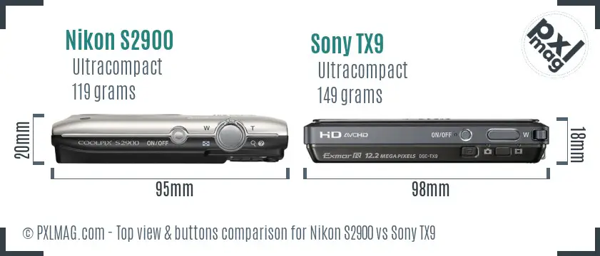 Nikon S2900 vs Sony TX9 top view buttons comparison Nikon S2900 vs Sony TX9 top view buttons comparison